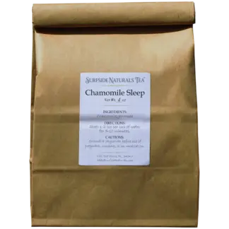 Tin-tie kraft package with a white label that shows the brand (Surfside Naturals Tea), product name (Chamomile Sleep, Net Wt. 4 oz), ingredients (Chamomile, Jasmine), directions (Steep 1-2 tsp per cup of water for 5-10 minutes), and cautions (Consult a physician before use if pregnant, nursing, or on medication).