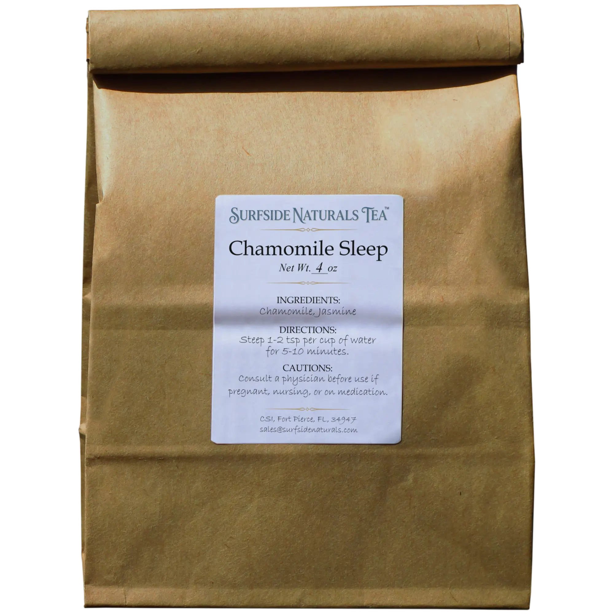 Tin-tie kraft package with a white label that shows the brand (Surfside Naturals Tea), product name (Chamomile Sleep, Net Wt. 4 oz), ingredients (Chamomile, Jasmine), directions (Steep 1-2 tsp per cup of water for 5-10 minutes), and cautions (Consult a physician before use if pregnant, nursing, or on medication).