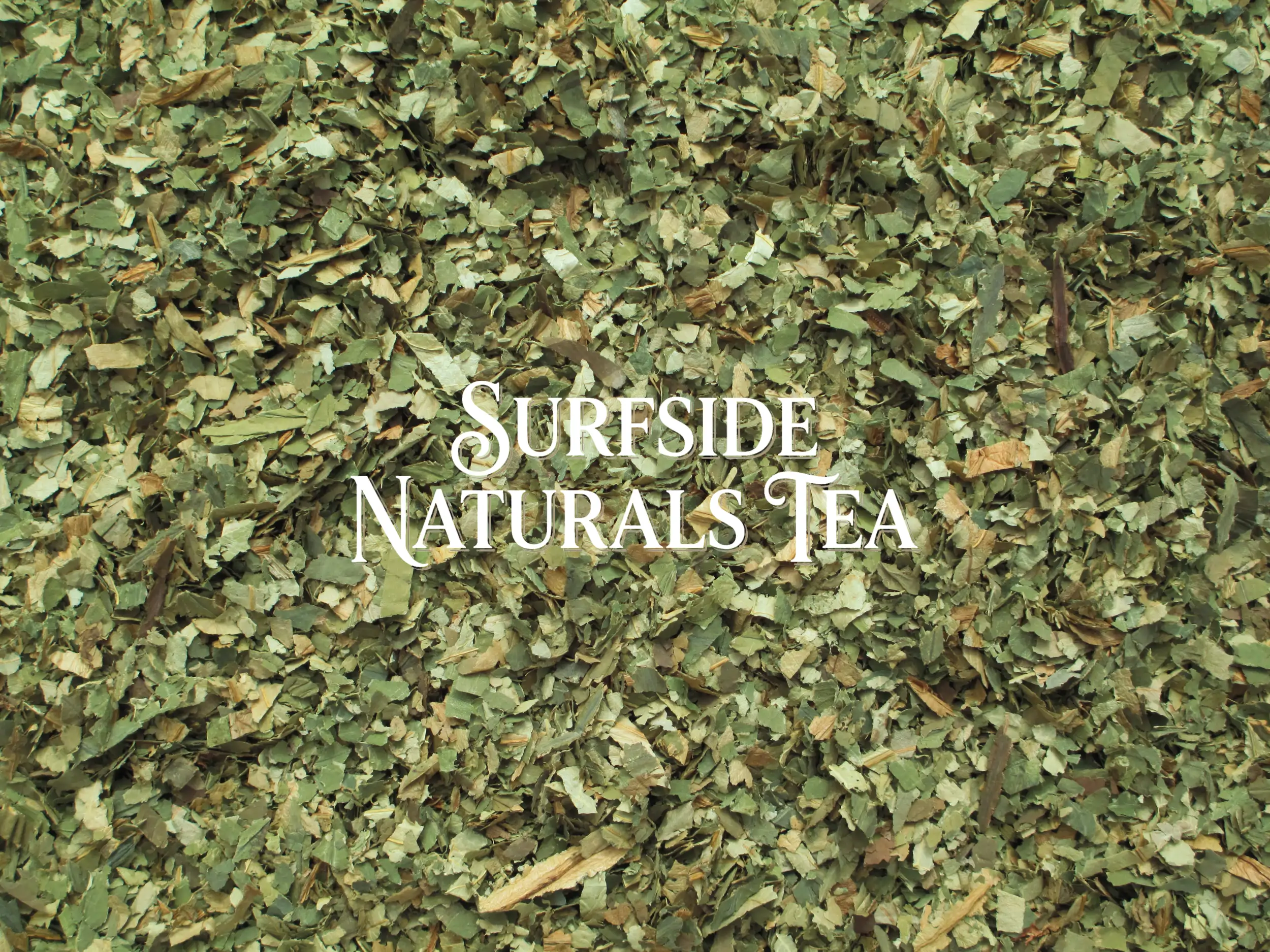 Clean dried sacred lotus leaves cut into pieces about ¼ to ½ inch wide and 1–2 inches long, ranging from light to dark green with some tan pieces, and a "Surfside Naturals Tea" watermark in the center.