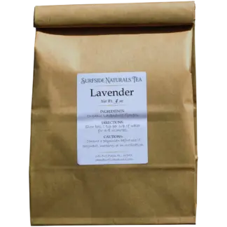 Tin-tie kraft package with a white label that shows the brand (Surfside Naturals Tea), product name (Lavender, Net Wt. 4 oz), ingredients (Organic Lavandula Flowers), directions (slow boil 1 tsp per cup of water for 3–5 minutes), and cautions (consult a physician before use if pregnant, nursing, or on medication).