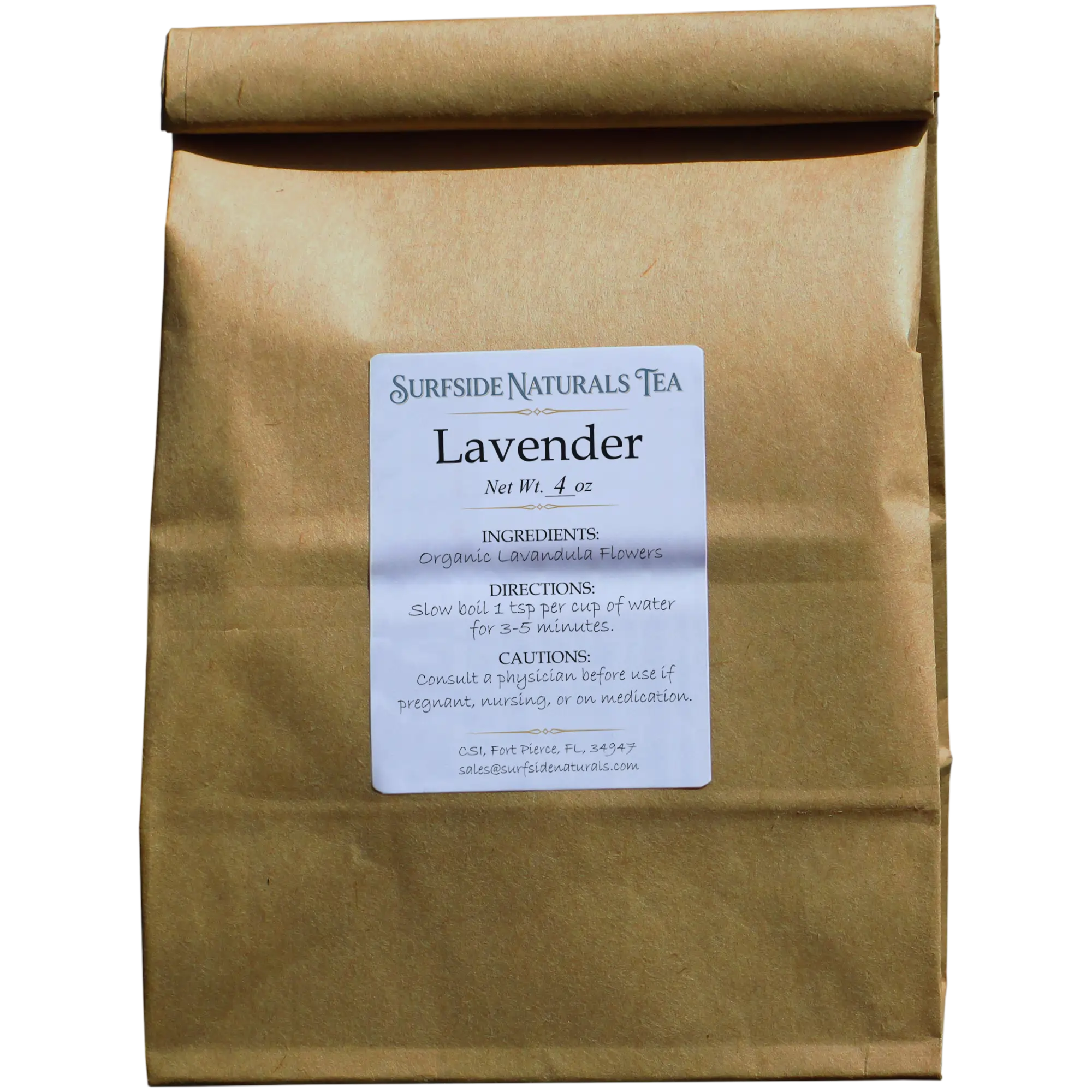 Tin-tie kraft package with a white label that shows the brand (Surfside Naturals Tea), product name (Lavender, Net Wt. 4 oz), ingredients (Organic Lavandula Flowers), directions (slow boil 1 tsp per cup of water for 3–5 minutes), and cautions (consult a physician before use if pregnant, nursing, or on medication).