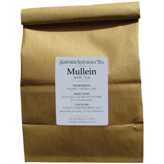 Surfside Naturals Tea Mullein leaf tea in a tin tie brown kraft paper bag, 4 oz. White label lists organic mullein leaf as the ingredient, directions to slow boil 1 tsp per cup of water for 3-5 minutes, and a caution to consult a physician if pregnant, nursing, or on medication.