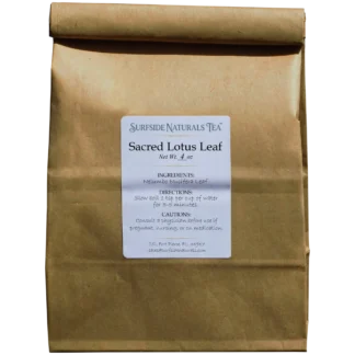 Tin-tie kraft package with a white label that shows the brand (Surfside Naturals Tea), product name (Sacred Lotus Leaf, Net Wt. 4 oz), ingredients (Nelumbo Nucifera Leaf), directions (slow boil 1 tsp per cup of water for 3–5 minutes), and cautions (consult a physician before use if pregnant, nursing, or on medication).
