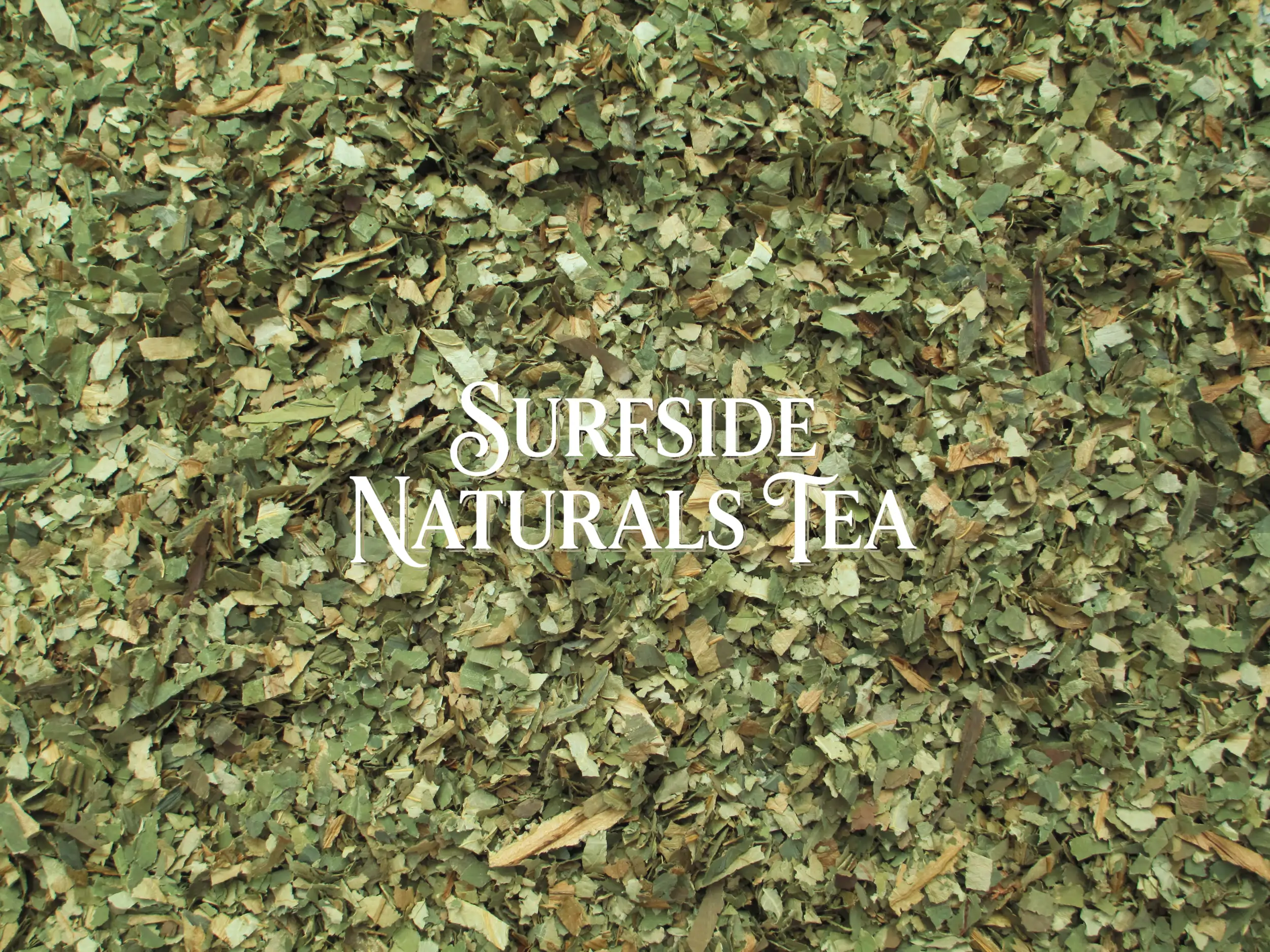 Clean dried sacred lotus leaf pieces about ¼ to ½ inch wide and 1–2 inches long, ranging from light to dark green with some tan pieces, and a "Surfside Naturals Tea" watermark in the center.