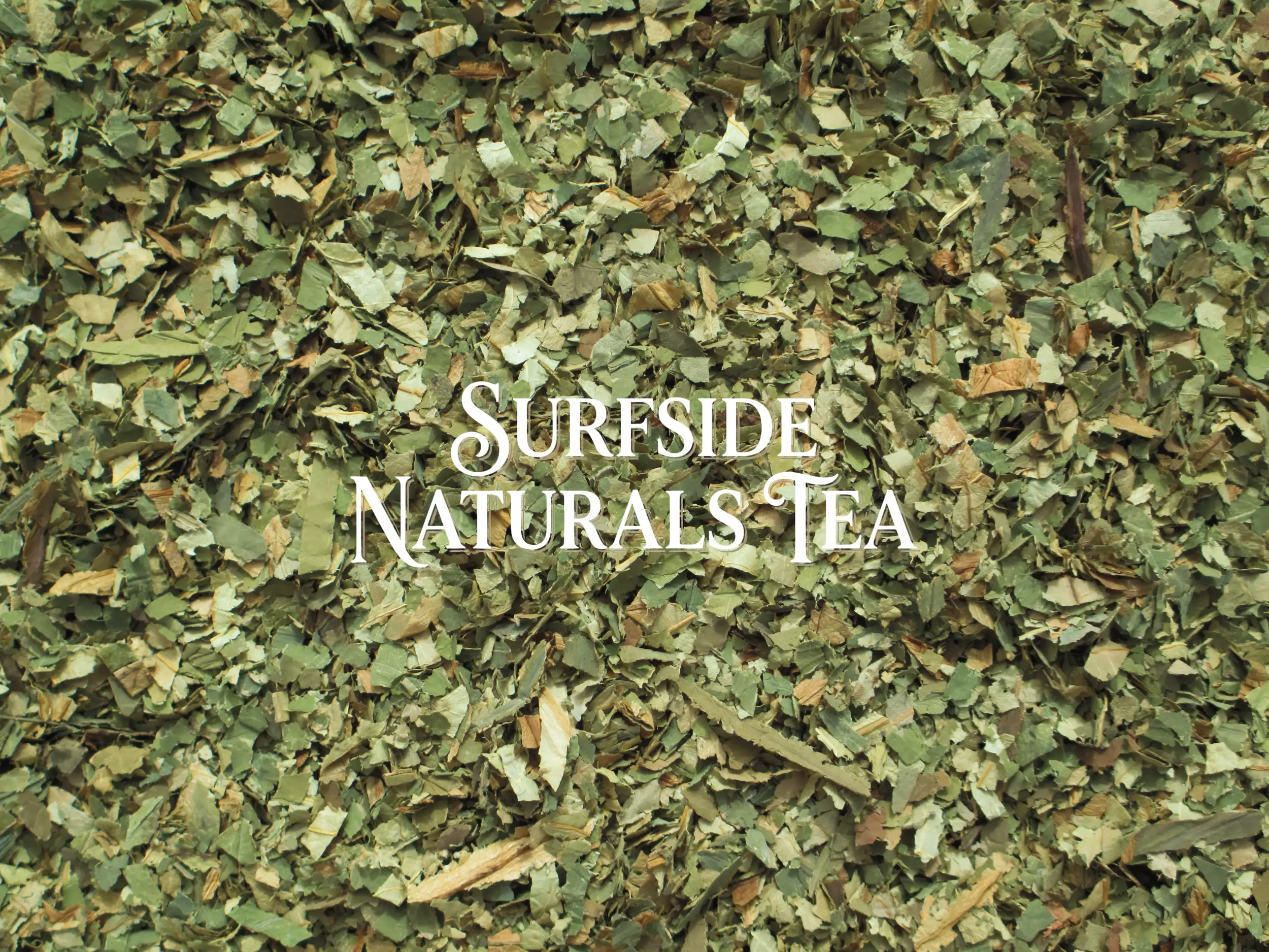 Zoomed-in view of clean, dried sacred lotus leaves cut into pieces about ¼ to ½ inch wide and 1–2 inches long, ranging from light to dark green with some tan pieces, with a "Surfside Naturals Tea" watermark in the center.